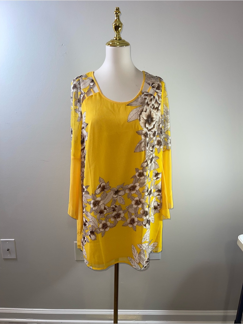 Umgee Yellow Floral Overlay Tunic Top with Brown Floral Print